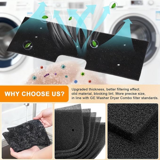 Xixter 7 Pcs WH01X35719 Lint Filter Replacement Kit for GE Profile Washer Dryer PFQ97HSPVDS, GE Washer Dryer Foam Filter with Vent Brushes,Hand Washable and Reusable