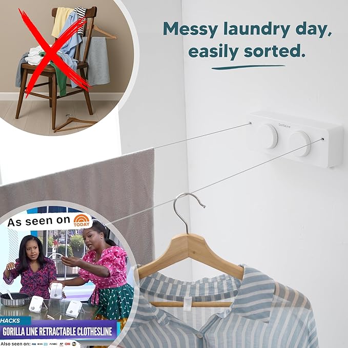 GorillaLine Max - Retractable Clothesline Indoor Outdoor Clothes Line - Heavy Duty Clothes Drying Laundry Line - Wall Mounted Drying Rack - Air Dry Clothing - Max Tighten with GorillaGrip