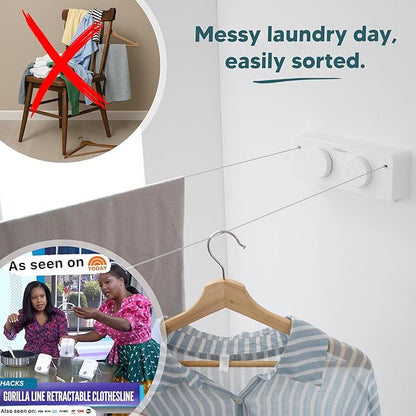 GorillaLine Max - Retractable Clothesline Indoor Outdoor Clothes Line - Heavy Duty Clothes Drying Laundry Line - Wall Mounted Drying Rack - Air Dry Clothing - Max Tighten with GorillaGrip