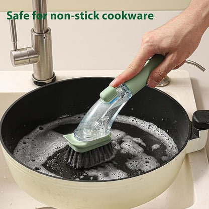 DAPOWER Soap Dispensing Dish Brush with Handle, Kitchen Scrub Brush for Dishes Pots Pans Sink Cleaning (Light Green)