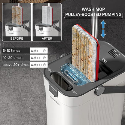 HoMettler Mop and Bucket Set, 3-Tank Flat Mop and Bucket System for Separate Dirty & Clean Water, 65" Mops for Floor Cleaning with 8 Washable Pads, Safe for Hardwood, Vinyl, Tile, Baseboards, Walls