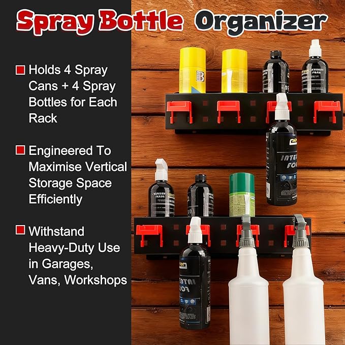 2 Pack Carbon Steel Spray Bottle Holder Wall Mount, Heavy-Duty Car Detailing Bottle Organizer, Spray Can Holder Rack with 4 Holes & 4 Hooks, Space Saving Storage Holder for Garage Workshop Van Shed