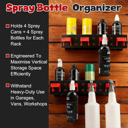 2 Pack Carbon Steel Spray Bottle Holder Wall Mount, Heavy-Duty Car Detailing Bottle Organizer, Spray Can Holder Rack with 4 Holes & 4 Hooks, Space Saving Storage Holder for Garage Workshop Van Shed