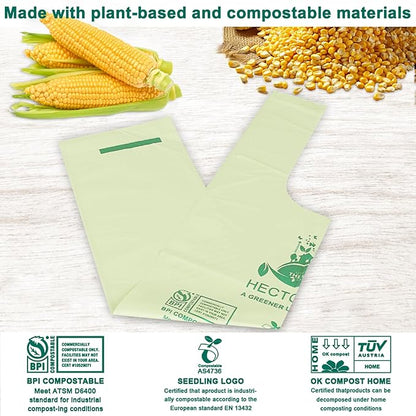 HECTOLIFE 2.6 Gallon 300 Count,Compostable Bags Handle Tie,Tear Resistant Kitchen Food Scrap Waste Bag, ASTM D6400, US BPI and Europe OK Compost Home Certified