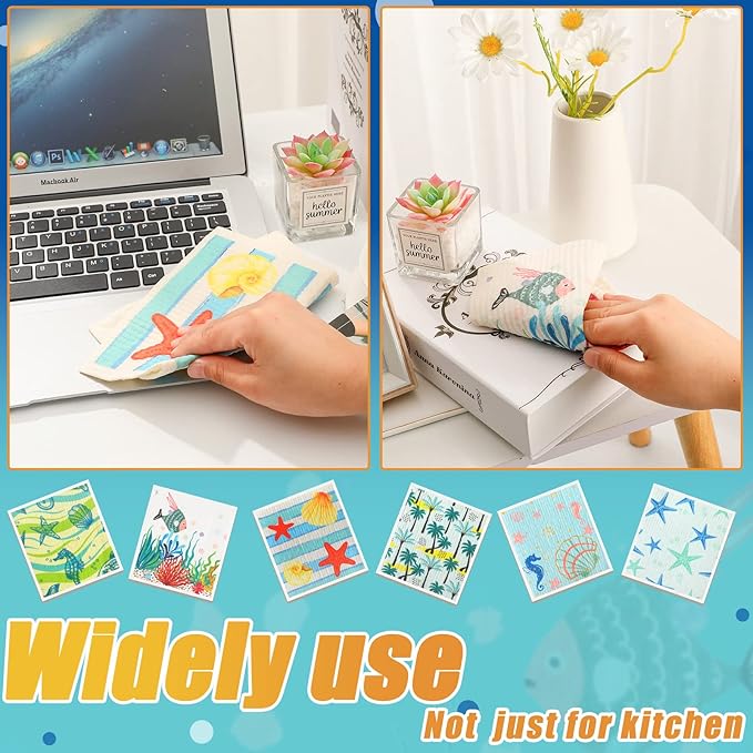 Remagr 6 Pcs Swedish Kitchen Dish Towels Kitchen Cloths Reusable Sponge Cleaning Cloths Absorbent Dish Cloth Quick Drying Washable Cleaning Wipes No Odor Hand Towel (Ocean)