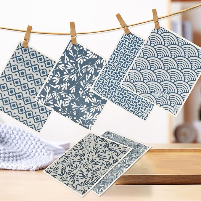 6 Pack Swedish Dishcloths for Kitchen |Watercolor Dish Towels | Reusable Paper Towels Washable | Non-Scratch Cellulose Sponge Cloths | No Odor, Biodegradable, Swedish Cloths, Ukiyo-e﻿