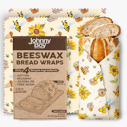 2 Pack - XL 19" x 19" - 5 Sq Ft - Beeswax Bread Wraps, Total 5 Sq Ft Coverage, Eco-Friendly Alternative to Plastic Wrap for Bread Storage, Bowls & Food Storage (Classic)