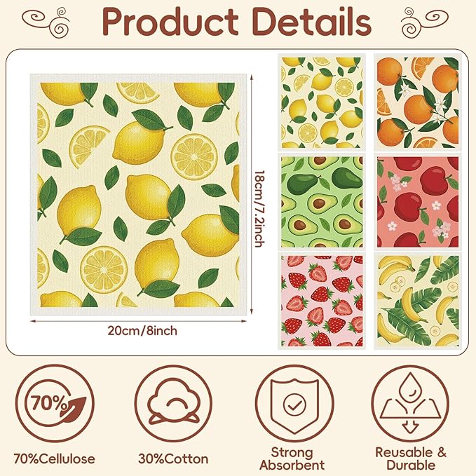 Tegeme 12 Pack Sweden Dishcloths 6 Patterns Super Absorbent Reusable Quick-Drying Washable Sponge Cloths for Kitchen Dishwashing Counters Household Cleaning Durable (Fruit)