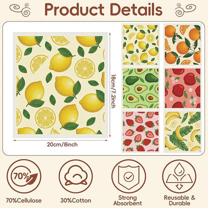 Tegeme 12 Pack Sweden Dishcloths 6 Patterns Super Absorbent Reusable Quick-Drying Washable Sponge Cloths for Kitchen Dishwashing Counters Household Cleaning Durable (Fruit)