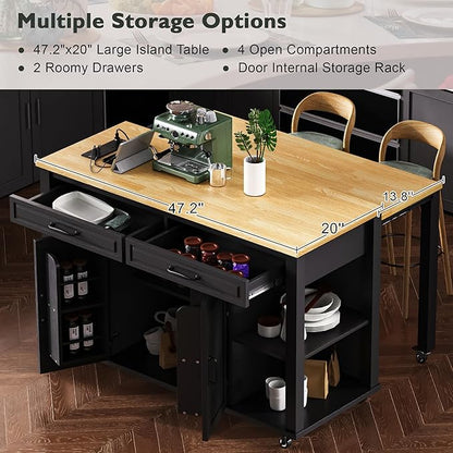 47" Kitchen Island with Extendable Dining Table, Movable Farmhouse Kitchen Islands with Storage Rack, Power Outlet, Island Table on Wheels with 2 Storage Drawers & 2 Cabinets, Black