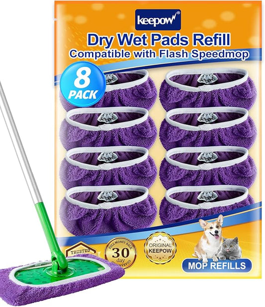 KEEPOW Reusable Mop Pads Compatible with Swiffer Sweeper Mop, Microfiber Dry Sweeping Cloths & Machine Washable Wet Pads Refill for All Sealed Floors - Stone, Hardwood, Laminate & Tile (8 Purple)