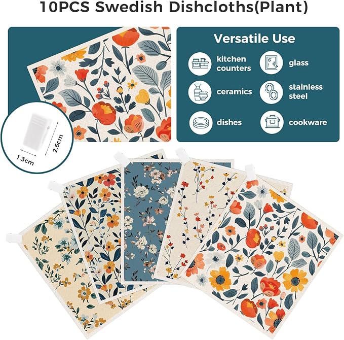 wlich Swedish Dishcloths, 10PCS Reusable Soft Kitchen Towels Dish Cloths Set with Clips, Non-Scratch Dish Rags for Washing Dishes, Washable Swedish Dish Cloths for Kitchen, No Odor(Plant)