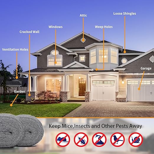 Steel Wool for Mice Control - 2 Pack of 3×10Ft Steel Wool, Gap Filter for House & Garage - Keep Mice Away from Holes，Siding，Pipeline，Vents in Garden, House, 7.04oz (2, 100g)
