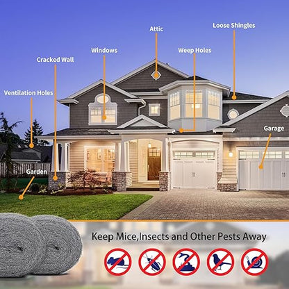 Steel Wool for Mice Control - 2 Pack of 3×10Ft Steel Wool, Gap Filter for House & Garage - Keep Mice Away from Holes，Siding，Pipeline，Vents in Garden, House, 7.04oz (2, 100g)