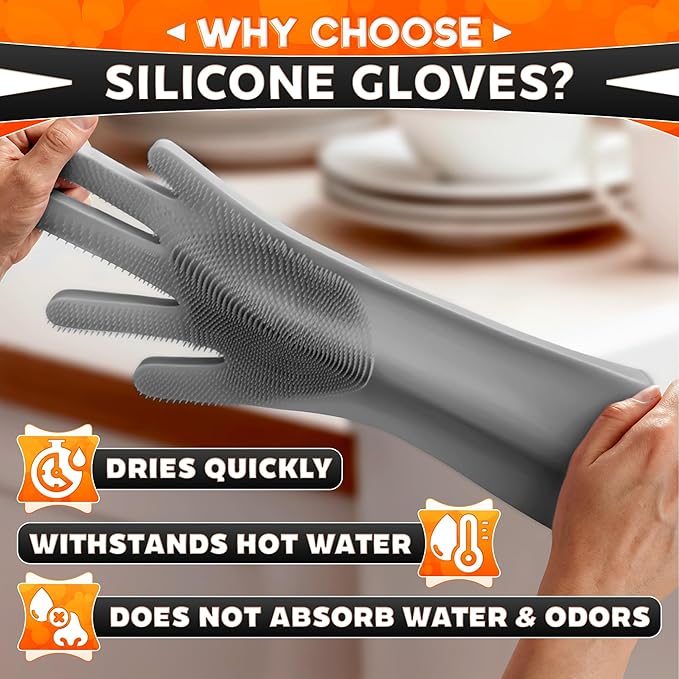 ALPENKOK Silicone Dishwashing Gloves with Scrubber – Non-Slip Silicone Gloves wor Washing Dishes | Household Use
