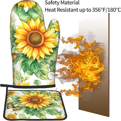 Sunflower Oven Mitts and Pot Holders Sets Watercolor Yellow Floral Plant Kitchen Gloves Hot Pads 2 Pieces Set Spring Summer Farmhouse Kitchen Decor and Accessories