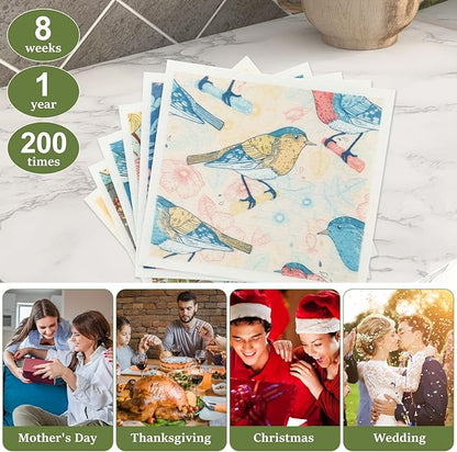 12Pcs Swedish Dishcloths for Kitchen, Quick-Drying Reusable Paper Towels, Absorbent Washable Kitchen Dish Rags, Soft Cellulose Sponge Cloths for Countertop Sink Flower Bird (12pcs Birds)