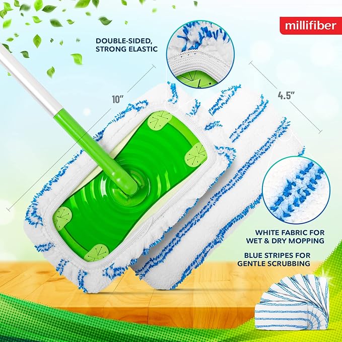 Millifiber Microfiber Reusable Mop Pads Compatible with Swiffer Sweeper (2-Pack) Washable Mop Pads for Wet & Dry Use (Handle is Not Included)