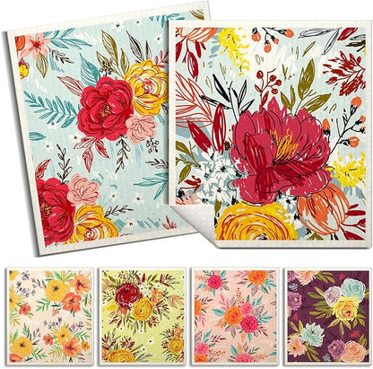 Swedish Dishcloths for Kitchen | 6 Pack Floral Reusable Paper Towels Washable | Swedish Dish Towels | Non-Scratch Cellulose Sponge Cloths | No Odor, Biodegradable Cleaning Cloths, Flowers