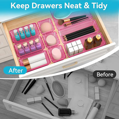 ElegantArray 12 PCS Drawer Organizer Set, 4 Sizes Tool Storage Trays, Clear Plastic Makeup Vanity Organizer and Storage Bins for Stationeries, Multiple Gadgets for Office, Bedroom, Pink