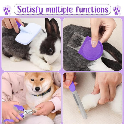 VCZONE 8 Pcs Small Animal Grooming Kit, Rabbit Grooming Kit with Pet Nail Clipper and File, Flea Comb, Pet Shampoo Bath Brush, Pet Shedding Slicker Brush, Bath Massage Glove, Cleaning Comb (Purple)