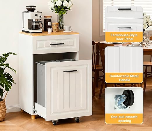 ZIFTY Pull Out Trash Can Cabinet for 10.25 Gallon Bins Freestanding Kitchen Trash Bin Cabinet with Drawer Pet Proof Wooden Garbage Recycling Laundry Hamper Storage for Living Room