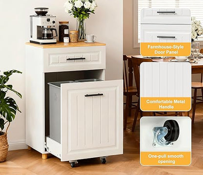 ZIFTY Pull Out Trash Can Cabinet for 10.25 Gallon Bins Freestanding Kitchen Trash Bin Cabinet with Drawer Pet Proof Wooden Garbage Recycling Laundry Hamper Storage for Living Room