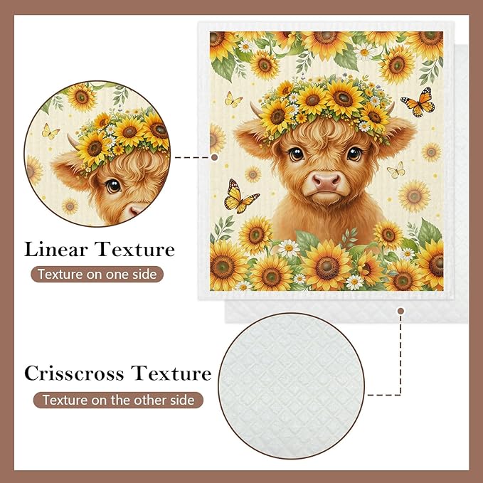 5 Pack Mixed Highland Cow Swedish Kitchen Dishcloths Dish Towels, Floral Highland Cow Dish Towels for Kitchen, Swedish Dishcloth, Paper Towels Reusable, Dish Cloth Towel Cleaning Wipe for Home
