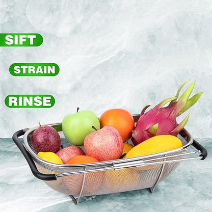 Tiawudi 6-Quart Large Over The Sink Colander, Heavy Duty 40% Thicker 18/8 Stainless Steel Fine Mesh Strainer Basket with Expandable Rubber Grip Handles - Strain, Drain, Rinse Fruits, Vegetables