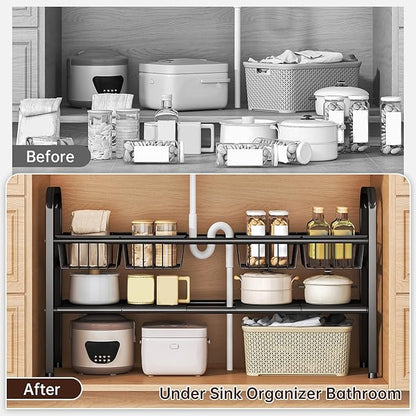 Under Sink Organizer Bathroom Expandable 2 Tier,Bathroom Cabinet Organizer,Adjustable Black Cabinet Shelf for Kitchen Bathroom Laundry,Under Sink Storage Rack with Removable Baskets and Panels