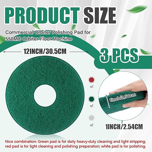 Teenyyou 3 Pcs 12" Cleaning Orbiter Pads Commercial Floor Buffer Pads Hardwood Floor Maintenance Scrubber Polisher Cleaning and Stripping for Orbiter Machine (Green,Red,White)