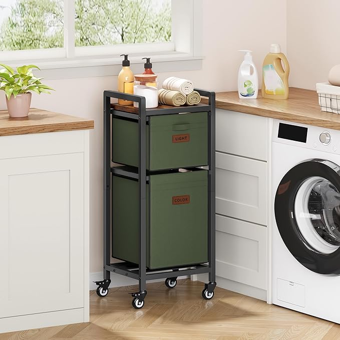 FAVOOSTY Laundry Hamper with Shelf, 70L Laundry Basket Organizer, 2 Section Laundry Sorter for Laundry Room Organization (Green)
