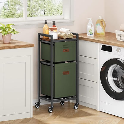 FAVOOSTY Laundry Hamper with Shelf, 70L Laundry Basket Organizer, 2 Section Laundry Sorter for Laundry Room Organization (Green)