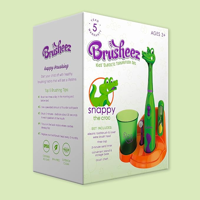 Brusheez Kids’ Electric Toothbrush Set - Safe & Effective for Ages 3+ - Parent Tested & Approved with Gentle Bristles, 2 Brush Heads, Rinse Cup, 2-Minute Timer, & Storage Base (Snappy the Croc)