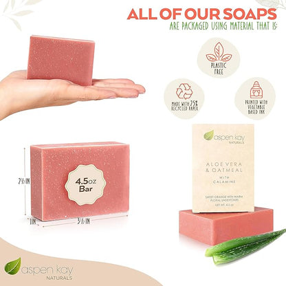 Aspen Kay Naturals Aloe Vera & Oatmeal Soap Bar with Calamine, Natural & Organic Ingredients - Organic Aloe Vera & Colloidal Oats. Face & Body - for Men, Women & Teens. Gentle Body Wash. 4.5 oz Bar