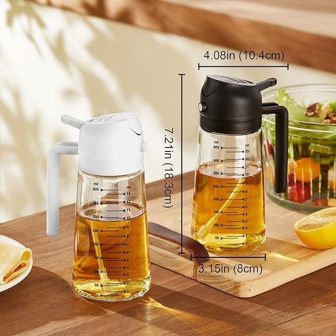 TrendPlain 16oz/470ml Glass Olive Oil Sprayer for Cooking – 2 in 1 Olive Oil Dispenser Bottle for Kitchen Gadgets and Air Fryer Accessories, Salad, BBQ - Black & White