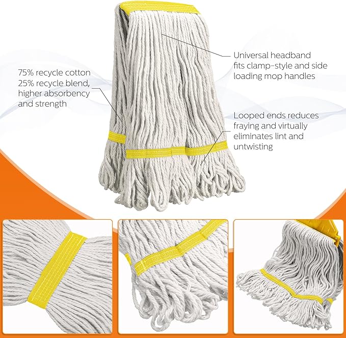 Eccliy 6 Pack Mop Heads Replacement Commercial Industrial Mop Heads Heavy Loop End Cotton String Heavy Duty Refills Wet Washable Refills for Home General Floor Cleaning (White,Yellow)