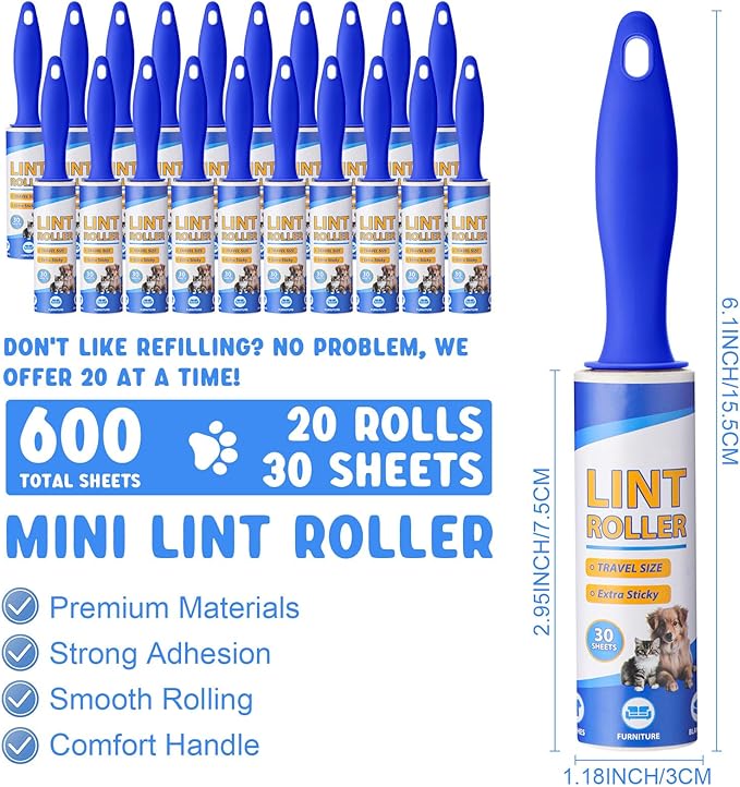 Hushee 20 Pcs Mini Lint Roller Bulk for Travel Small Lint Removers for Pet Hair and Clothes, 20 Rolls, 600 Sheets, Travel Size Removers Sticky Removing Tool for Travel, Gift Bags, Furniture, Car Seat