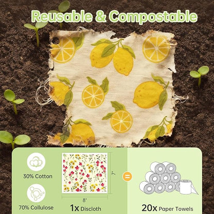 Swedish Dishcloths for Kitchen, 5 Pack Floral Flowers Reusable Paper Towels with 3 Hooks, Washable Dish Cloth Set, Absorbent Cleaning Cloth for Washing Dishes Housewarming Gifts for Friend