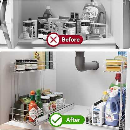 Under Sink Organizer 9" W X17 D, Pull Out Cabinet Organizer 2 Tier, Under Sink Slide Out Chrome Plated, Under Kitchen Bathroom Organizer, Pantry Cabinet Closet Organization Rack, 1 Pack