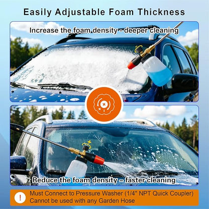 Adjustable Foam Cannon – 1/4 Inch Quick Connect, 1L (34 oz) Bottle, 5 Spray Nozzle Tips for Car Wash