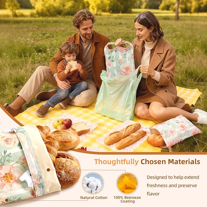 2 Pack Beeswax Bread Bags for Homemade Bread, Includes 2 Wraps, Reusable Organic Cotton Storage for Sourdough & Baguettes, Keep Fresh, Easy to Clean, Ideal for Bakers, Kitchen, Travel