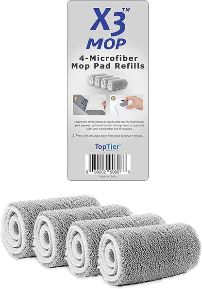 X3 Mop Replacement Microfiber Cleaning Pads, 4 Pack of Reusable Flat Mop Heads (Pads fit Original X3 Mop Only)