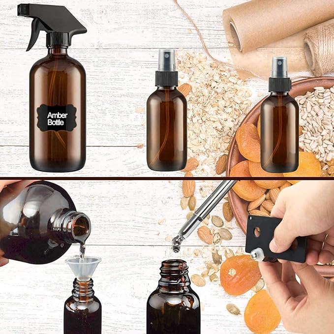 14 Pack amber glass bottle Set,Empty Boston Round Bottles with Adjustable Nozzle,Multi Size and Versatile(16oz,8oz,4oz,2oz,1oz) x 2, 10 ml Roller Bottle x 4 with Labels