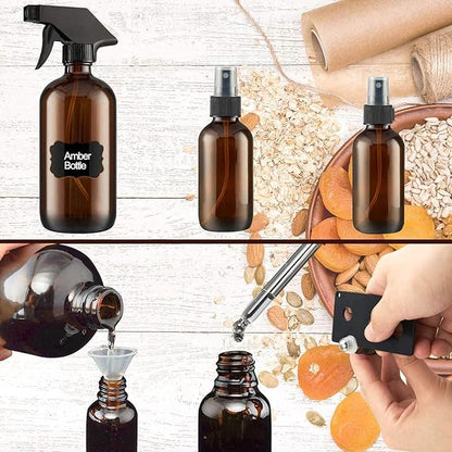 14 Pack amber glass bottle Set,Empty Boston Round Bottles with Adjustable Nozzle,Multi Size and Versatile(16oz,8oz,4oz,2oz,1oz) x 2, 10 ml Roller Bottle x 4 with Labels