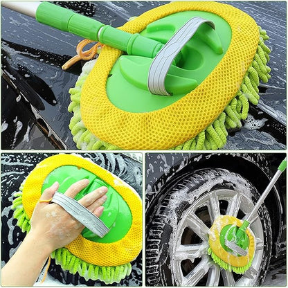 47" Car Wash Brush Mop Cleaning Tool with Long Handle Kit for Washing Detail Car Truck, SUV, RV, Trailer, Boat 2 in 1 Chenille Microfiber Sponge Duster, Paint Scratch Free