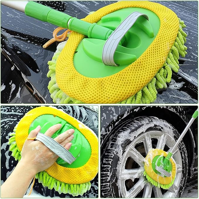 Weiliya 47.5"" Car Wash Brush Mop Cleaning Tool with Long Handle Kit for Washing Detailing Cars Truck, SUV, RV, Trailer, Boat 2 in 1 Chenille Microfiber Sponge Duster Not Hurt Paint Scratch Free
