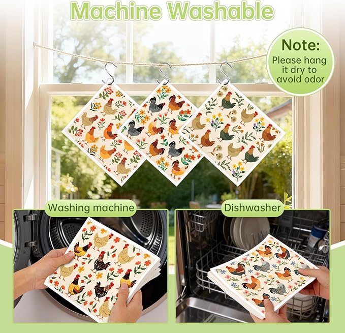 Swedish Dishcloths for Kitchen, 5 Pack Funny Chicken Reusable Paper Towels with 3 Hooks, Washable Dish Cloth Set, Absorbent Cleaning Cloth for Washing Dishes Housewarming Gifts for Friend