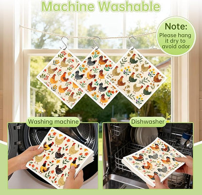 Swedish Dishcloths for Kitchen, 5 Pack Funny Chicken Reusable Paper Towels with 3 Hooks, Washable Dish Cloth Set, Absorbent Cleaning Cloth for Washing Dishes Housewarming Gifts for Friend