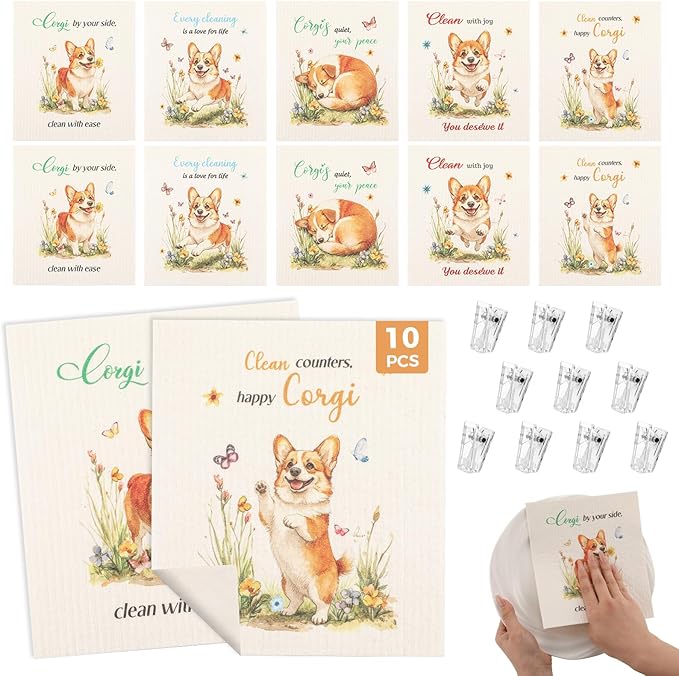 wlich 10PCS Swedish Dishcloths for Kitchen, Reusable Dish Rags for Washing Dishes with Clips, Non-Scratch Kitchen Towels and Dishcloths Sets, Washable Swedish Dish Cloths, No Odor(Dog)